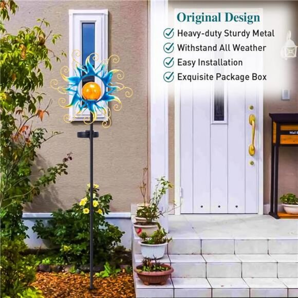 Blue Metal Sun Crackle Glass Globe Stake Waterproof 30LED Decorations - Picture 2 of 7